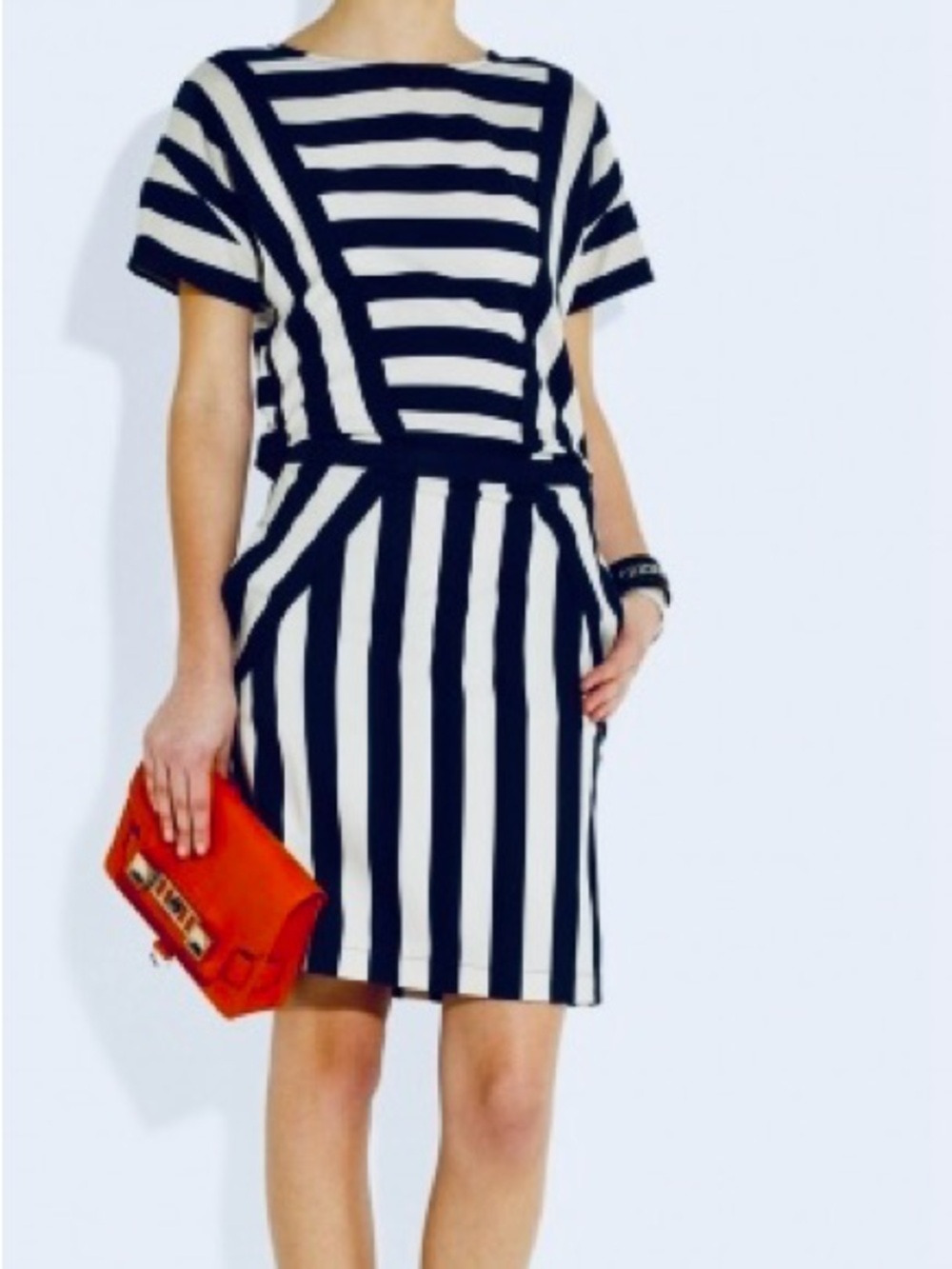 MARC JACOBS Scooter Navy Blue & White Striped Stretch Mini Dress w Split Back